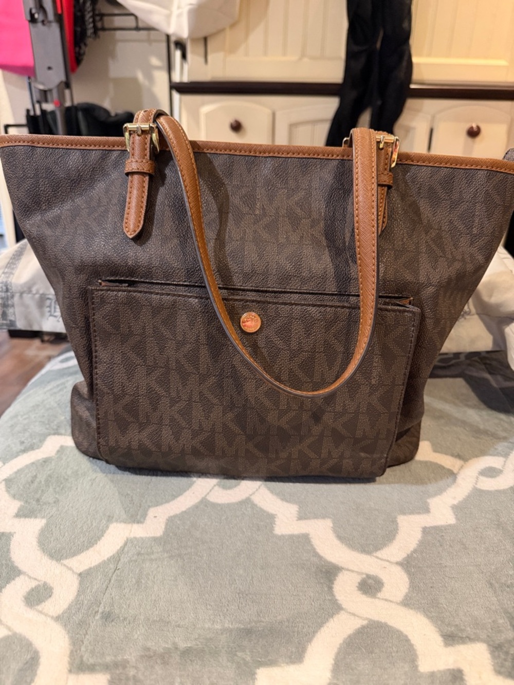 Michael Kors Dark Brown Logo Tote with Tan Straps